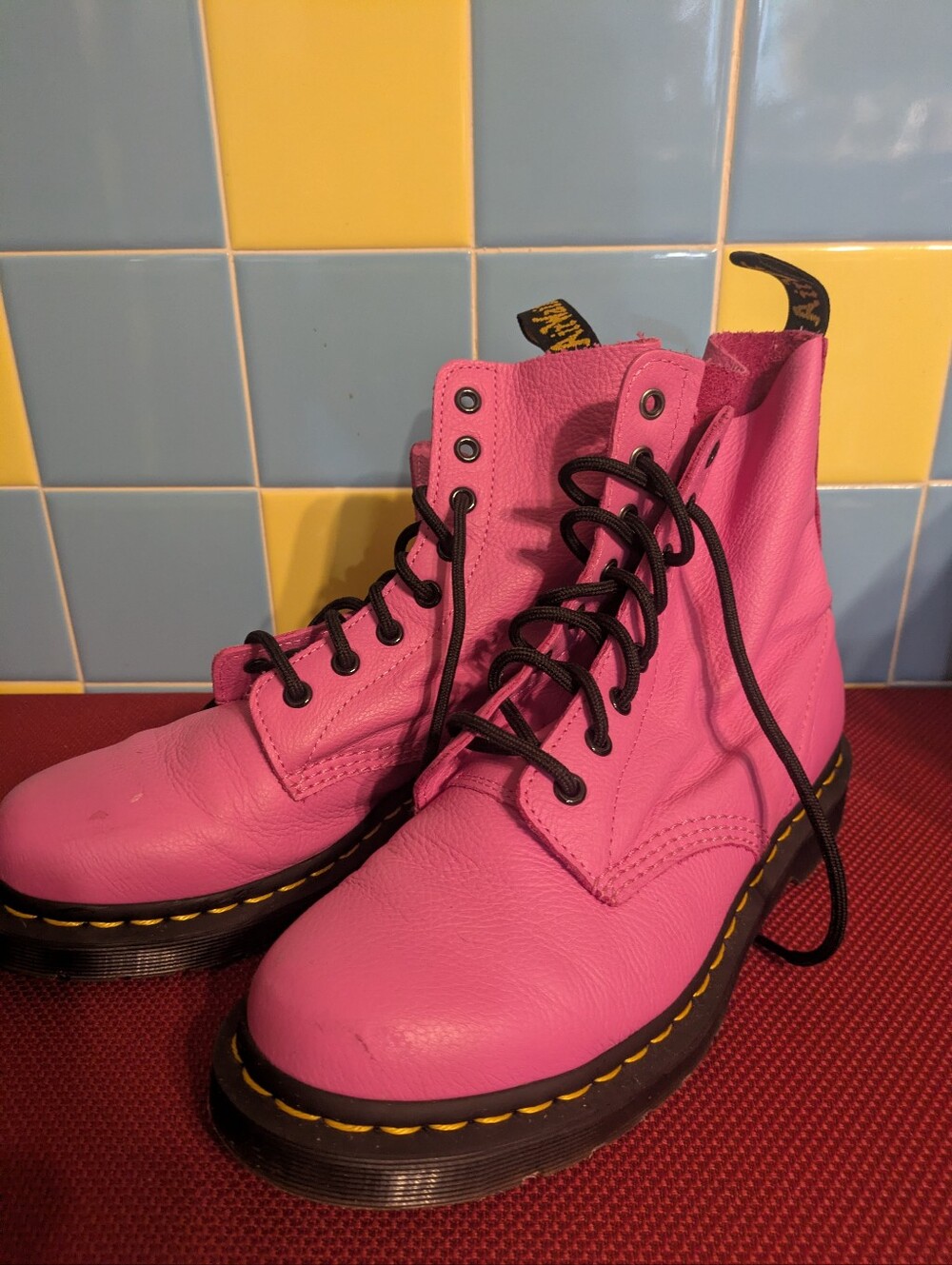 Dr. Martens Pink Leather Lace-Up Combat Boots with Black Laces